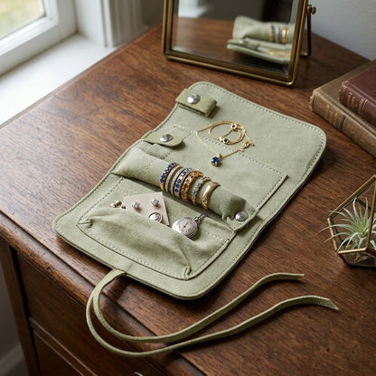 Portable Roll-Up Leather Jewelry Pouch